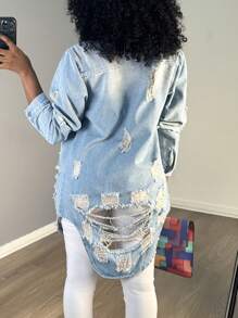 Women's Denim Jacket - Button-Up, Distressed Design With Pockets, Long Sleeves, Stylish Shirt Collar Mid-Length Outerwear, Perfect For Casual Daily Wear & Versatile Fashion - 淺色水洗藍 - 查看 3