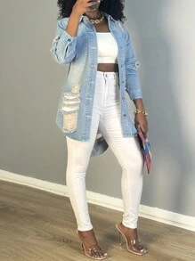 Women's Denim Jacket - Button-Up, Distressed Design With Pockets, Long Sleeves, Stylish Shirt Collar Mid-Length Outerwear, Perfect For Casual Daily Wear & Versatile Fashion - 淺色水洗藍 - 查看 5