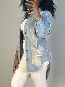 Women's Denim Jacket - Button-Up, Distressed Design With Pockets, Long Sleeves, Stylish Shirt Collar Mid-Length Outerwear, Perfect For Casual Daily Wear & Versatile Fashion - 淺色水洗藍 - 查看 4