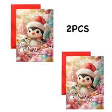 1pc/2pcs Beautifully Designed Christmas Card With Adorable Penguin Or Snowman Wearing Santa Hat, Excellent Christmas Gift For Penguin Lovers, Comes With Envelope, Suitable For Family, Friends, Son, Daughter, Grandson, Granddaughter, High Quality Thick Card Paper, Comfortable Texture - Red - View 4