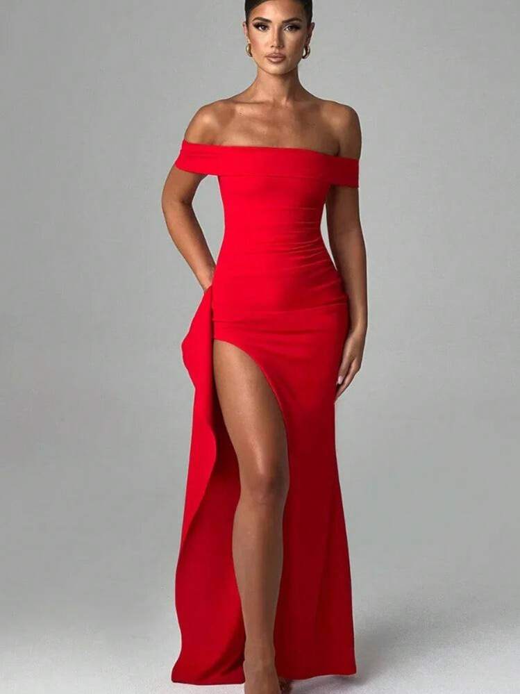 Summer And Winter Long Wrap Dress Strapless Sleeveless With Side Slit Casual Chic Elegant Parties Day To Day Fashion Blogger Versatile Suplex Fabric - Đỏ - Xem 1