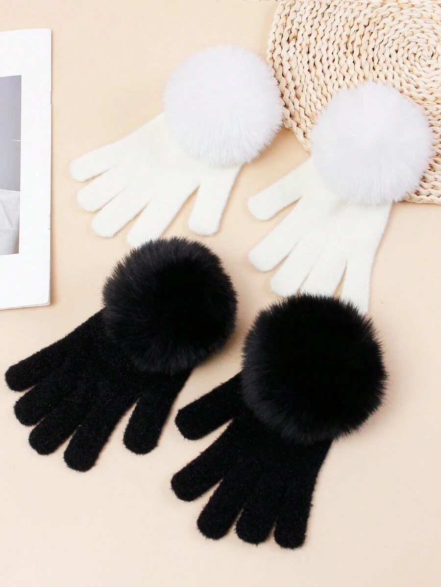 1 Pair Girls' Fingerless Gloves, Warm Knitted Simple Gloves With Faux Fur Pom Pom, Suitable For Autumn/Winter - Fingerless Gloves - View 1