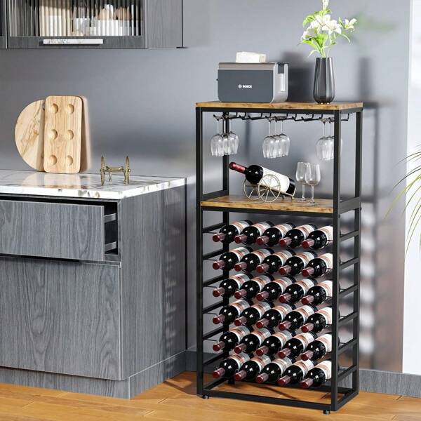 30 Bottles Floor Wine Rack With 2 Tier Wooden Shelves, 6-Tier Freestanding Wine Bottle Organizer Shelf For Liquor And Glasses, Sturdy Metal Bottle Display Holder For Kitchen Pantry