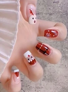 使用 24 件中号方形圣诞按压指甲立即升级您的外观，圣诞假指甲时尚圣诞帽圣诞老人麋鹿红色假指甲可爱白色雪花圆点黑色条纹白色虚线条纹假指甲圣诞指甲全覆盖假指甲适用于女性和女孩，包括 1 张粘性标签和 1 个迷你锉刀条果冻凝胶随机发货 - 紅色 - 查看 1