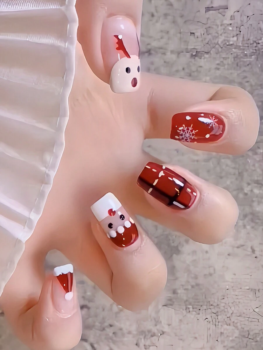 使用 24 件中号方形圣诞按压指甲立即升级您的外观，圣诞假指甲时尚圣诞帽圣诞老人麋鹿红色假指甲可爱白色雪花圆点黑色条纹白色虚线条纹假指甲圣诞指甲全覆盖假指甲适用于女性和女孩，包括 1 张粘性标签和 1 个迷你锉刀条果冻凝胶随机发货 - 紅色 - 查看 1
