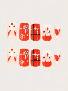 使用 24 件中号方形圣诞按压指甲立即升级您的外观，圣诞假指甲时尚圣诞帽圣诞老人麋鹿红色假指甲可爱白色雪花圆点黑色条纹白色虚线条纹假指甲圣诞指甲全覆盖假指甲适用于女性和女孩，包括 1 张粘性标签和 1 个迷你锉刀条果冻凝胶随机发货 - 紅色 - 查看 3