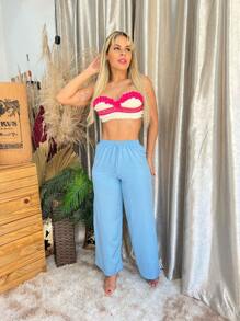 Women's Viscose Wide Leg Pants With Side Opening And Lining - 淺藍色 - 查看 1