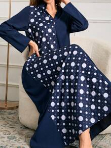 秋冬新款长袖卡夫坦女士宽松长款阿拉伯端庄连衣裙阿巴亚长袍 A 字型端庄连衣裙简约创意蓝色女式提花拼接长款端庄连衣裙 - 藏蓝色 - 查看 1