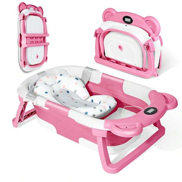 UBRAVOO Bañera para bebés recién nacidos con orificio de drenaje, bañera plegable para niños pequeños con un colchado suave, bañera de viaje portátil con soporte antideslizante incorporado para bebés de 0 a 36 meses