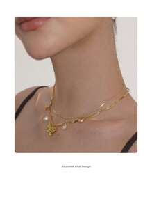 1 件复古高端艺术金色心形、蝴蝶、珍珠和水钻装饰项链，适合女性派对和日常佩戴 - 文藝之心雙層蝴蝶項鍊 - 查看 10