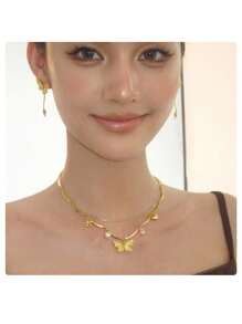 1 件复古高端艺术金色心形、蝴蝶、珍珠和水钻装饰项链，适合女性派对和日常佩戴 - 文藝之心雙層蝴蝶項鍊 - 查看 5