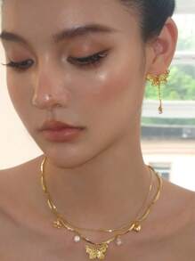 1 件复古高端艺术金色心形、蝴蝶、珍珠和水钻装饰项链，适合女性派对和日常佩戴 - 文藝之心雙層蝴蝶項鍊 - 查看 2