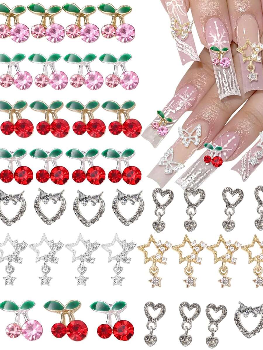 40 件合金指甲宝石饰品，银色金色 3D 蝴蝶吊坠星星指甲水钻饰品粉色红色樱桃闪亮钻石指甲饰品 DIY 配饰用品 - 彩色 - 查看 1