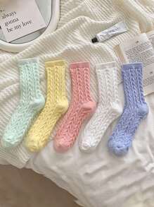 1 Đôi tất cổ cao dày lót nhiệt dệt kim màu trơn cho nữ - Nhiều màu - Xem 2
