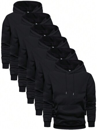 Juego de 6 sudaderas básicas de hombre, moda deportiva casual, con cordón, bolsillo, manga larga, color negro