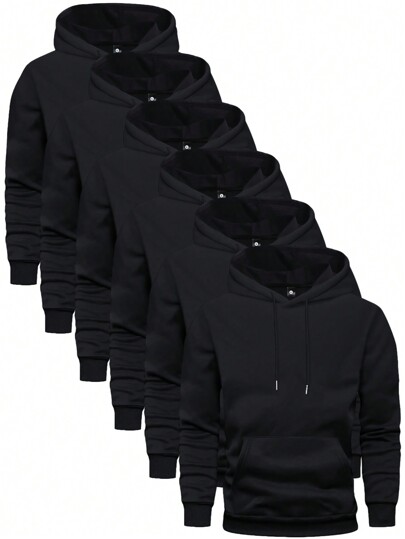 6 Piece Set Men's Basic Hoodies, Casual Sports Fashion, Drawstring, Pocket, Long Sleeve Sweatshirts, Black