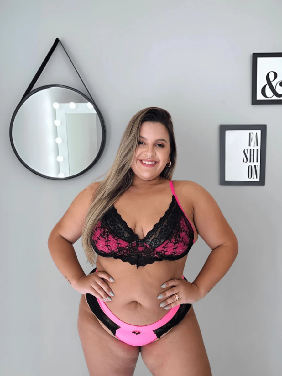 Plus Size Lingerie Set In Neon Colors With Underwire Quality Lace Bra And Panties - Black - View 1