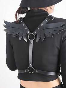 1件女士性感朋克风角色扮演翅膀形PU皮革背带，黑色，适合派对和圣诞节节日 - A - 查看 5