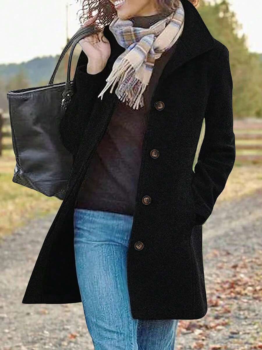 Women's Slim Waist Pocket Single-Breasted High Collar Black Mid-Length Tweed Coat Fall
