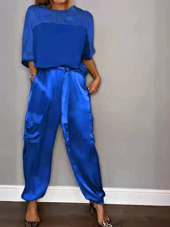 2024 年新款时尚女式两件套缎面无袖上衣和裤子，休闲套装