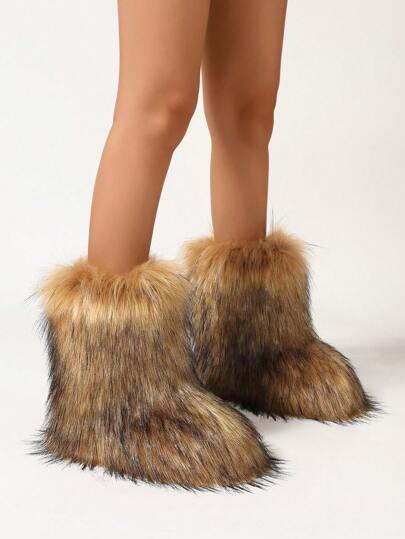Women's Plush Boots, Mid-Calf Plush Boots, Comfortable Outdoor Flat Shoes, Warm Plush Snow Boots For Winter