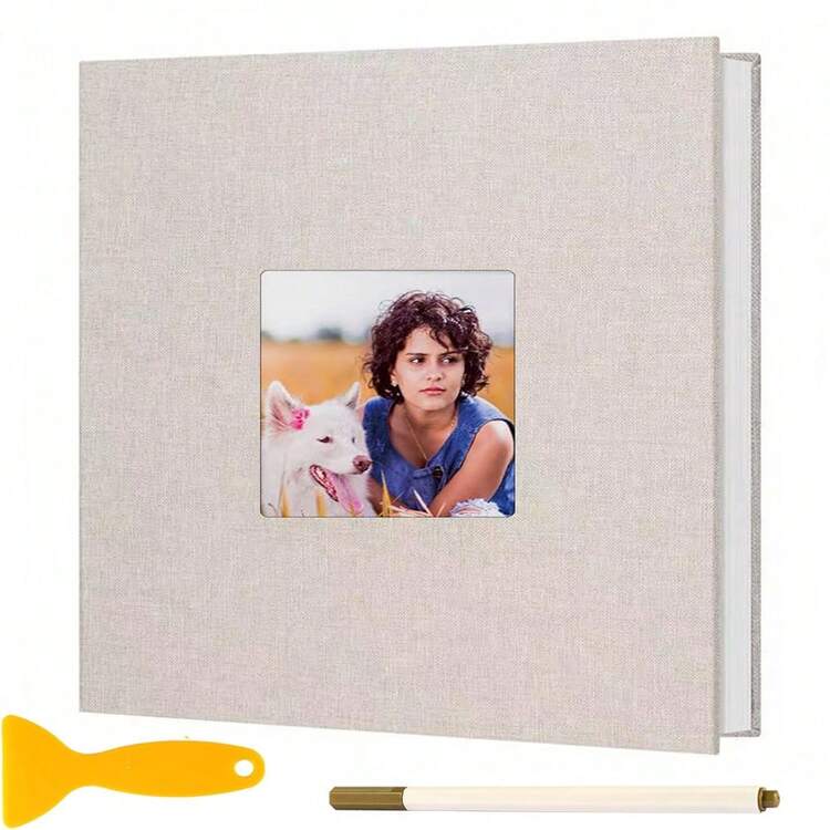 1 本自粘相册，适合 4 英寸 X 6 英寸照片，亚麻封面剪贴簿相册，带 40 页空白白页，DIY 相册带笔，适合婚礼、生日，17 X 18 厘米 - 彩色 - 查看 9