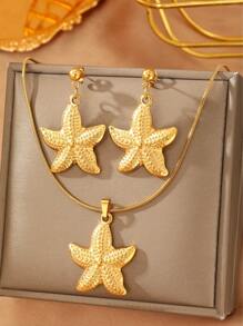 Aomogo 女士不锈钢 18K 镀金时尚高端优雅别致复古奢华海洋海星吊坠 - 項鍊+耳環 - 查看 10