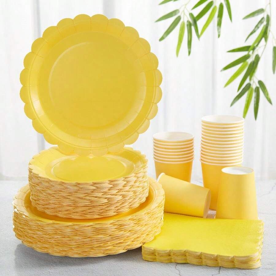 Yellow Flower Petals Design Disposable Paper Plates & Napkins, Enough For 24 Guests, Suitable For Birthday, Wedding, Party, And Family Picnics