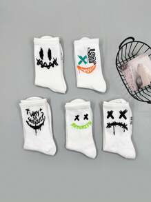 5 đôi tất dài đến bắp chân in chữ Graffiti thời trang Unisex, thoải mái và đa năng, thích hợp để mặc hàng ngày - trắng - Xem 3