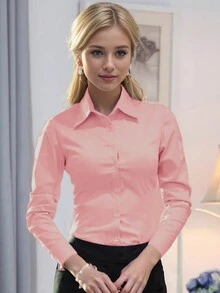 女士长袖白色衬衫，抗皱，韩版时尚，正式办公着装，职业装，2025春秋粉色 - 粉色 - 查看 3