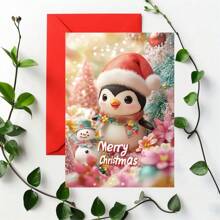 1pc/2pcs Beautifully Designed Christmas Card With Adorable Penguin Or Snowman Wearing Santa Hat, Excellent Christmas Gift For Penguin Lovers, Comes With Envelope, Suitable For Family, Friends, Son, Daughter, Grandson, Granddaughter, High Quality Thick Card Paper, Comfortable Texture - Red - View 7