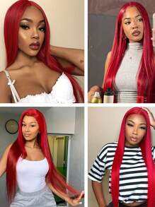 Eulisi Red Lace Front Wigs Human Hair 13x4 Straight Human Hair Wig Colored Red Transparent Lace Frontal Wigs Human Hair 150 Density Pre Plucked With Baby Hair Halloween Costumes - Red - View 8