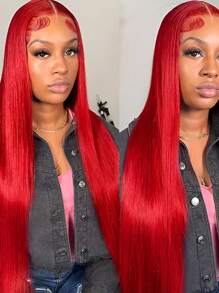 Eulisi Red Lace Front Wigs Human Hair 13x4 Straight Human Hair Wig Colored Red Transparent Lace Frontal Wigs Human Hair 150 Density Pre Plucked With Baby Hair Halloween Costumes - Red - View 10