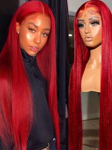 Eulisi Red Lace Front Wigs Human Hair 13x4 Straight Human Hair Wig Colored Red Transparent Lace Frontal Wigs Human Hair 150 Density Pre Plucked With Baby Hair Halloween Costumes - Red - View 3