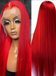 Eulisi Red Lace Front Wigs Human Hair 13x4 Straight Human Hair Wig Colored Red Transparent Lace Frontal Wigs Human Hair 150 Density Pre Plucked With Baby Hair Halloween Costumes - Red - View 5