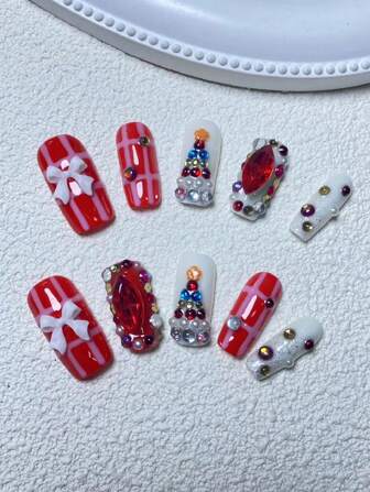 纯手工盔甲10片装方形盔甲形圣诞树蝴蝶结时尚百搭可送给朋友和女朋友节日礼物按压式指甲美甲用品指甲