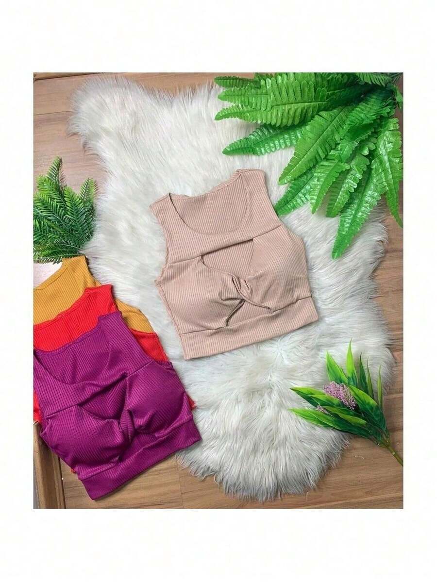 Women's Cropped Tank Top With Padded Front Detail Ribbed Fabric Top Blogger Foreign Fashion - 玫瑰紅 - 查看 1