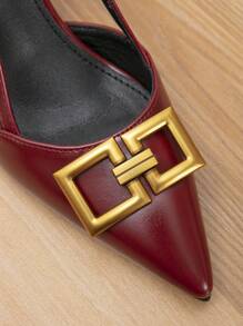 加大版型酒红色 PU 皮革材质金属纽扣装饰可调节踝带细高跟鞋，适合女士、正式、派对、时尚穿着（复古黄铜纽扣做旧设计） - 酒紅色 - 查看 6