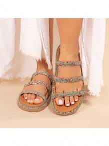 Platform Women's Sandal 3 Rhinestone Straps Wedge Clog Flatform Rhinestone Flats Shiny - 彩色 - 查看 1