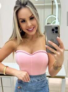 Women's Cropped Corset With Neoprene Cups And Braided Design - 淺粉色 - 查看 1