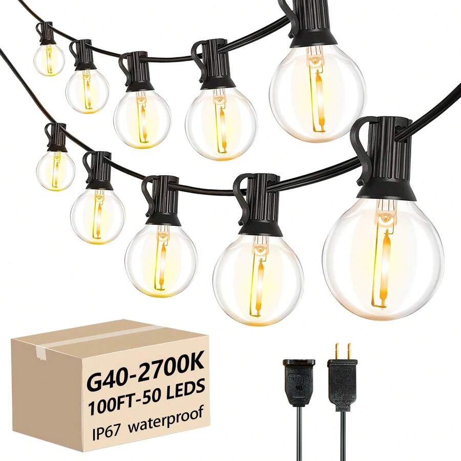 10/25/50/100/200 G40 Indoor And Outdoor String Lights, Breakproof Ball Bulbs, LED Bulbs, Retro Fashion Ball Strings, Easy To Install, Outdoor Camping, Energy Saving , Christmas Decoration, Family Party, Friends And Classmates Party Decoration - 查看 1