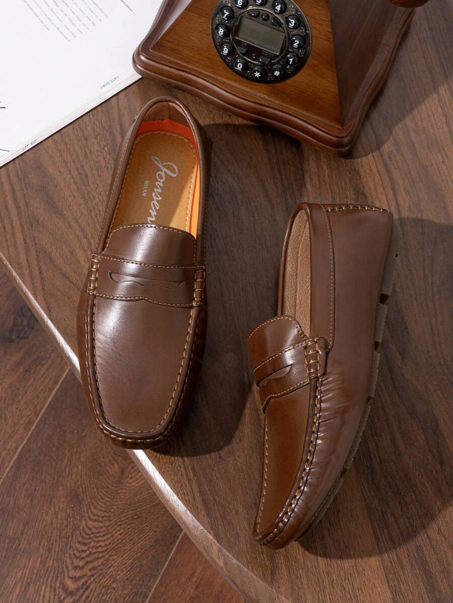 SHOESMORE Men's Stitch Detail Penny Darkbrown Loafers Men Casual Slip On Lightweight Driving Shoes Flat Boat Shoes Rubber Sole - AMY802A-darkbrown - 查看 1