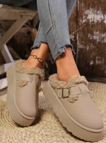 Chinelos femininos casuais confortáveis com forro térmico e sola grossa, adequados para o inverno