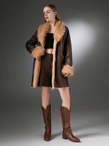 Chaqueta cortavientos de cintura media y peluda de estilo casual para mujer