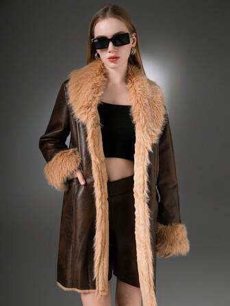 Giacca a vento casual da donna con cintura in pile di media lunghezza