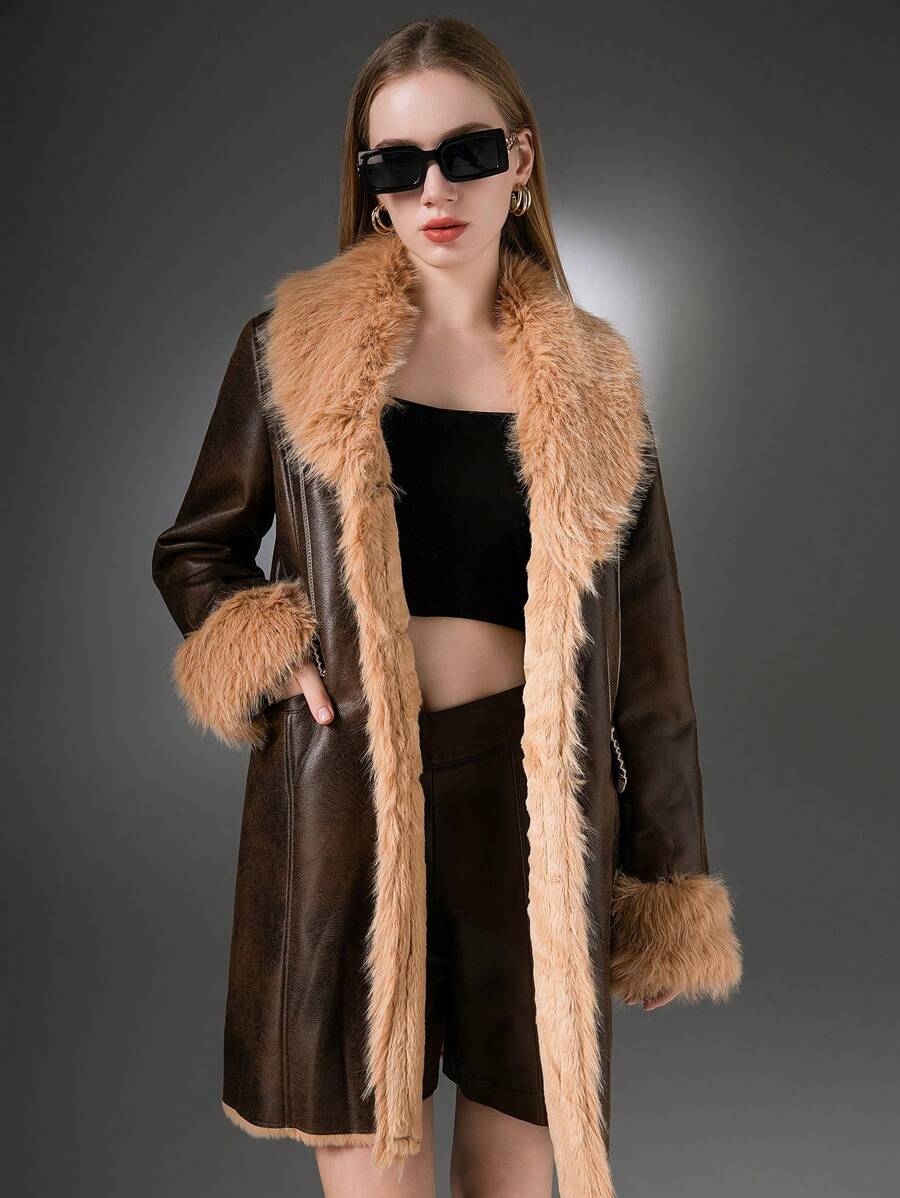 Chaqueta cortavientos de cintura media y peluda de estilo casual para mujer