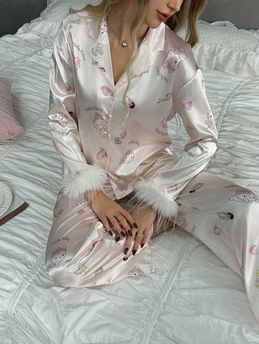 GUKOO [WONDER WORLD]2pcs Women Collar Button Printed Long Sleeve Fluffy Decor Pajama Set With Elastic Waist Pants,Two Pieces Set - View 1