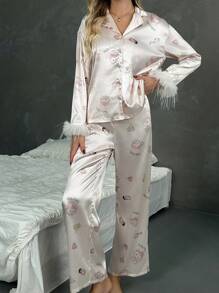 GUKOO [WONDER WORLD]2pcs Women Collar Button Printed Long Sleeve Fluffy Decor Pajama Set With Elastic Waist Pants,Two Pieces Set - View 6