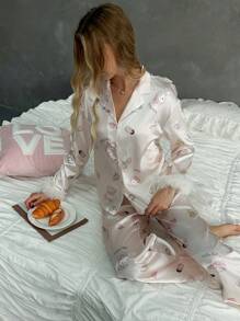 GUKOO [WONDER WORLD]2pcs Women Collar Button Printed Long Sleeve Fluffy Decor Pajama Set With Elastic Waist Pants,Two Pieces Set - View 3