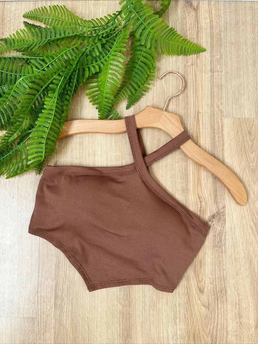 Cropped Top With Cross Straps And Padded Ribbed Fabric With Elastane Best Quality - Rỉ Nâu - Xem 1